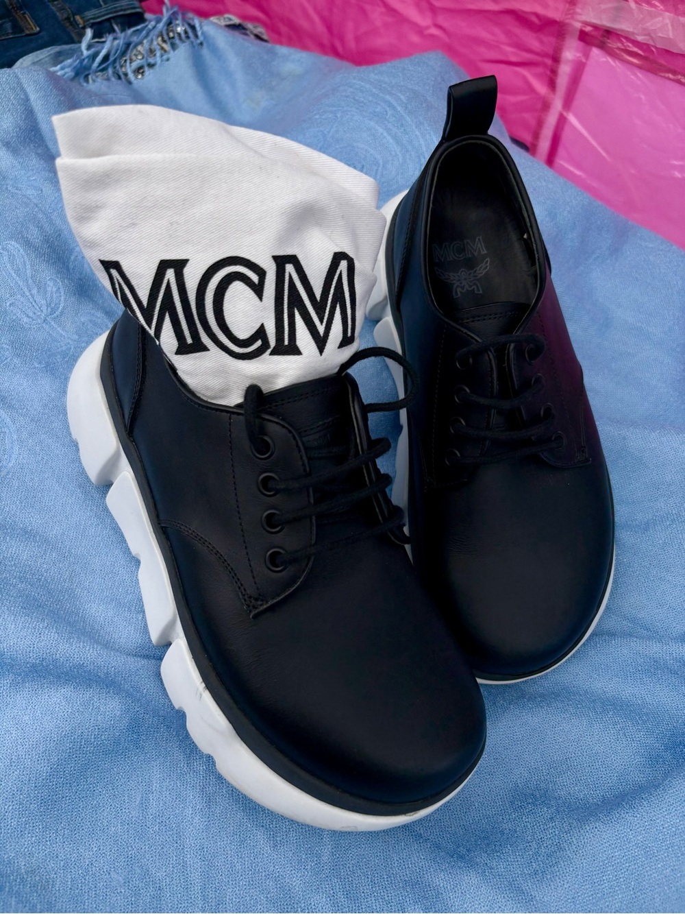 MCM Black Leather Lace-Up  with White Chunky Sole